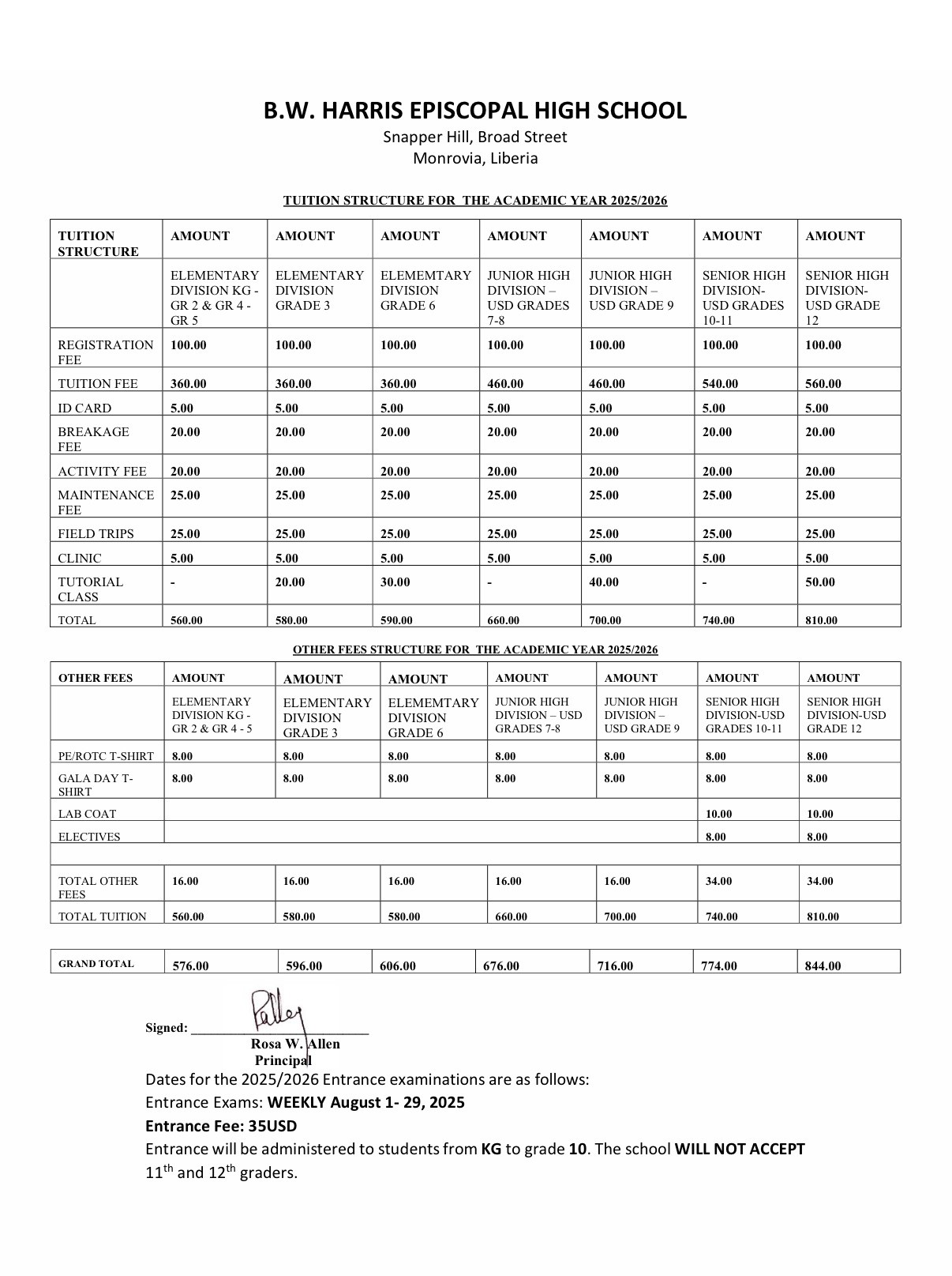 BWH 2025 2026 Tuition